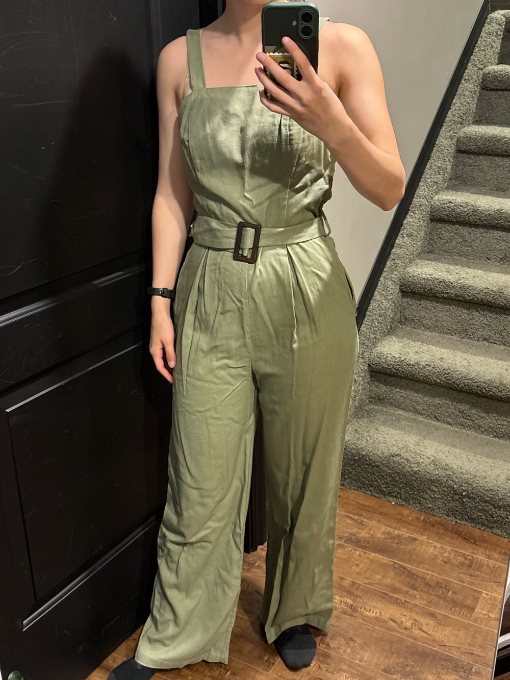 Monteau Olive Green Belted Wide-Leg Jumpsuit with Square Neck